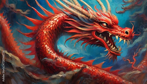 Red dragon. Legendary creature in Chinese mythology. Oil painting