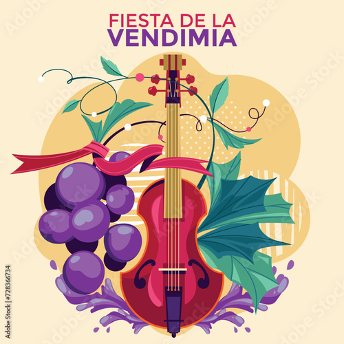 Fiesta de la Vendimia mean Grape harvest festival in Spanish with couple stepped on the grapes in the basket