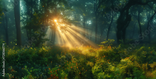 sunrise in the forest, rays of light in forest, morning in the forest, the serene beauty of a misty morning
