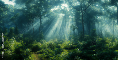 rays of light in forest  morning in the forest  the serene beauty of a misty morning