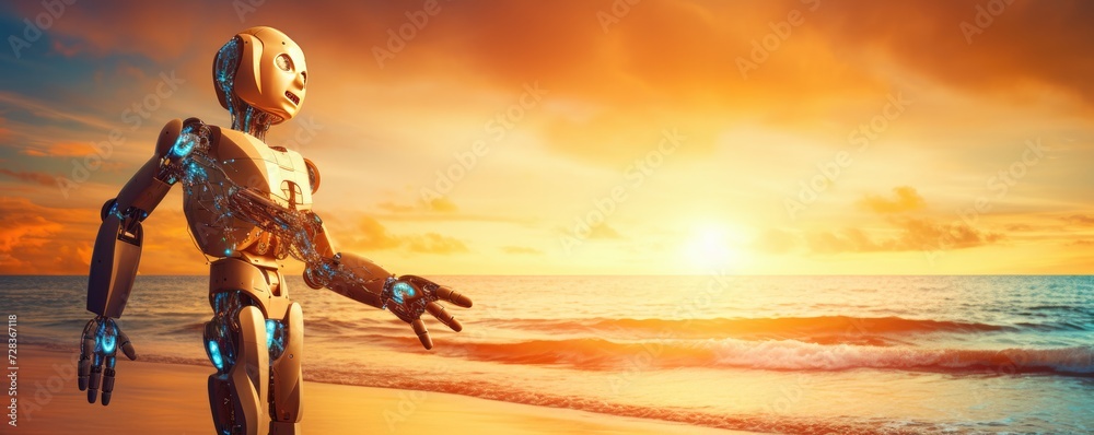 Back to school concept, human kid use robot for Simplifying life with ai banner panorama Generative Ai Back to school concept, human kid use robot for Simplifying life with ai banner panorama Generative Ai