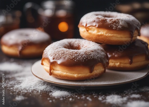 Donuts with icing sugar on a wooden table, selective focus.