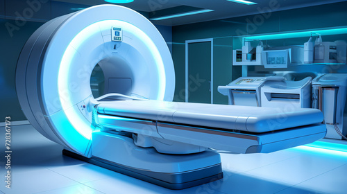 advanced mri or ct scan medical diagnosis machine at hospital lab, ultra realistic, technology colors, panoramic composition 