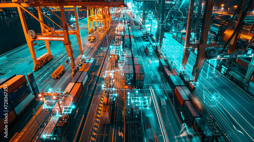 AI Circuitry in Freight Transport: Container Ship and Trucks with AI Circuit Patterns, Future of Global Freight, Contemporary Style, Versatile Usage, Vibrant Colors, Clean Composition, 