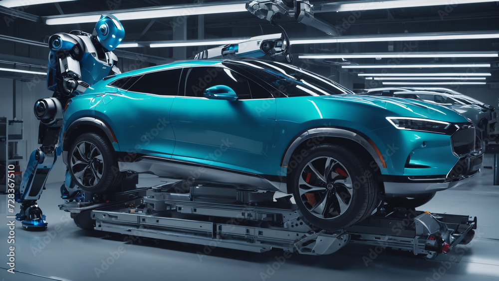 car being worked on by a robot, car being worked on by a robot,