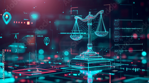 AI Compliance Framework: Scales and Legal Symbols Amid Holographic AI Icons, Contemporary Style, Versatile Usage, Vibrant Colors, Clean Composition, High Resolution, 