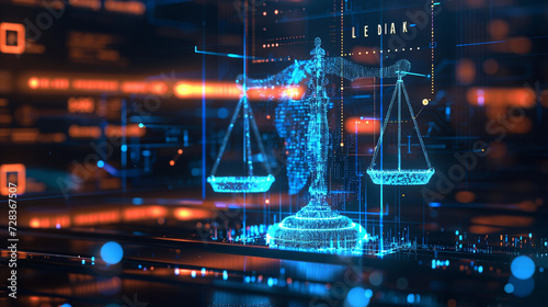 AI Compliance Framework: Scales and Legal Symbols Amid Holographic AI Icons, Contemporary Style, Versatile Usage, Vibrant Colors, Clean Composition, High Resolution,