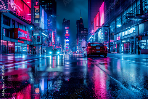 Illustration of a city in cyberpunk style. City of the future. Neon lighting. Dystopia. Digital illustration.