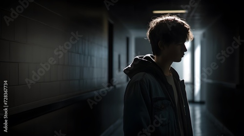 A young person, shoulders slouched, standing alone in a dimly lit school corridor