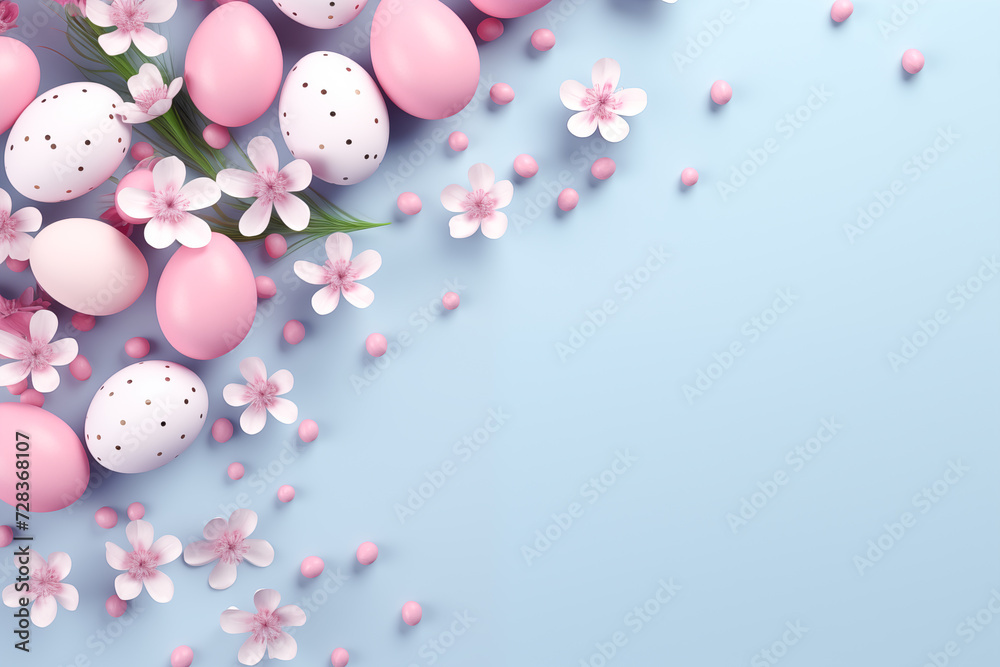 Easter holiday background with eggs and flowers. Easter template, mockup, with copy space for text.