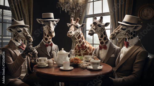 A sophisticated group of giraffes dressed in formal attire, sipping tea and engaging in polite conversation at a high-end tea party,  photo