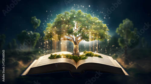 The concept of education by planting a tree of knowledge in the opening of an old book in the library and the magical magic of light that flies to the destination of success. Generative AI.
