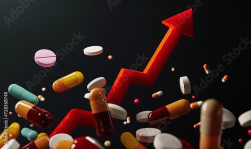 A red upward arrow flows from various drugs and medicine pill. Pharmaceutical drug prices rising concept. photo