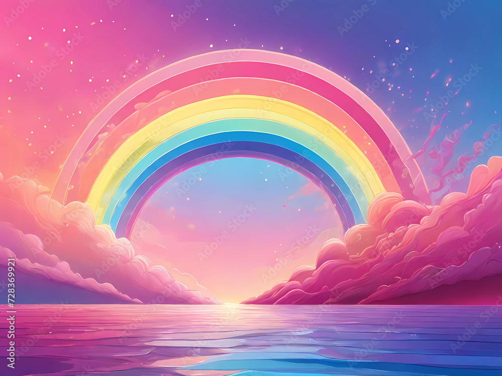Pastel colourful rainbow over gradient pink blue sky and clouds. Magic unicorn dream world, fairytales, amazing fantasy world. Sweet dreams, utopia, future, kids fantasy. Tolerance and pride concept.