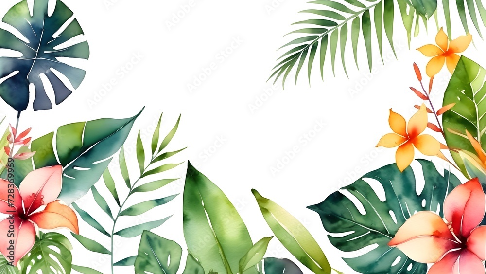 abstract watercolor tropical plants, flowers leaves and twigs on a white background, cover, banner, decoration, wallpaper abstract watercolor tropical plants, flowers leaves and twigs on a white background, cover, banner, decoration, wallpaper