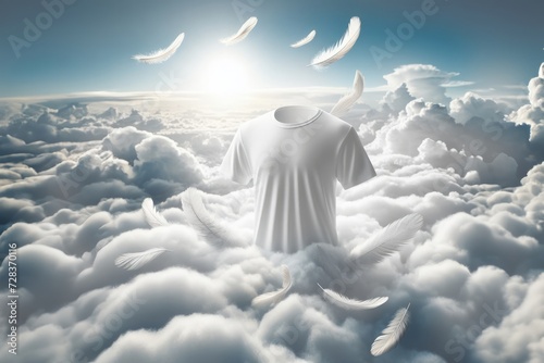 White shirt flying in clouds with feathers and providing whiteness and deep cleaning. Washing clothes and bleaching  photo