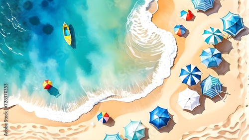 tropical beach in daytime. top view of sea beach watercolor painting for background.