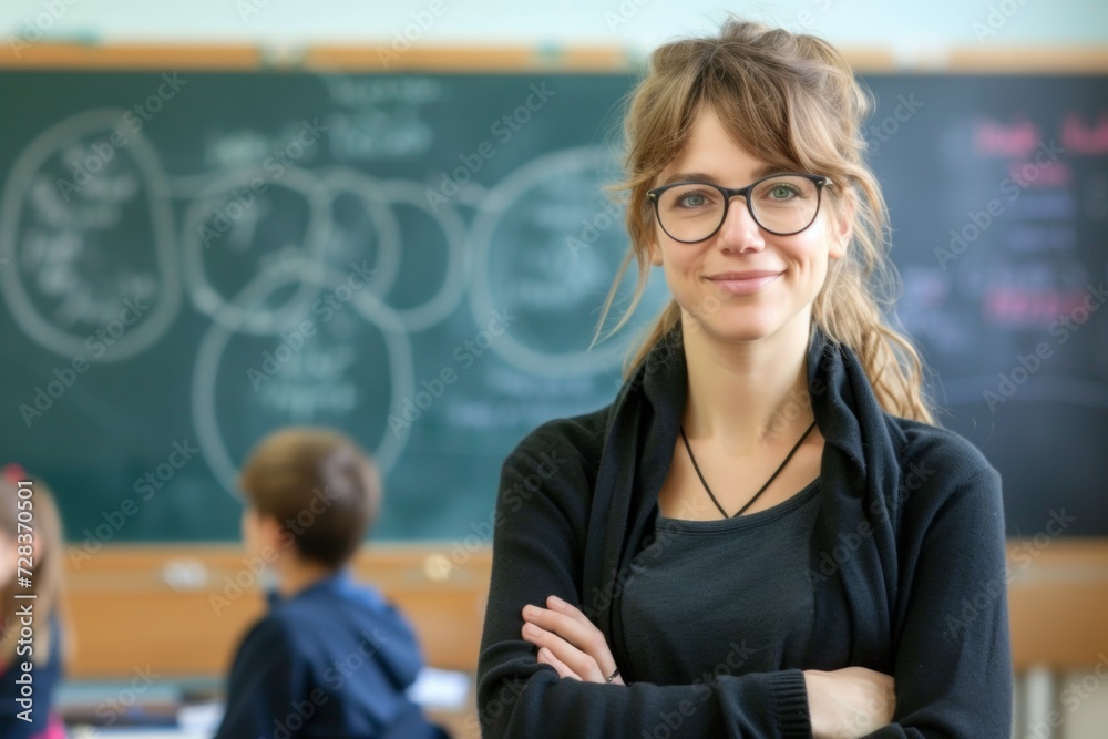 Engaged Blonde Elementary School Teacher in Classroom Setting Engaged Blonde Elementary School Teacher in Classroom Setting