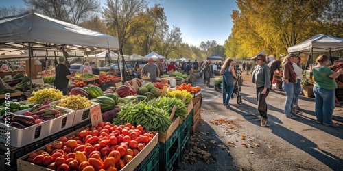 An early morning farmers market scene, bustling with vendors and customers, fresh produce on display, capturing the essence of local commerce and community. Resplendent. photo