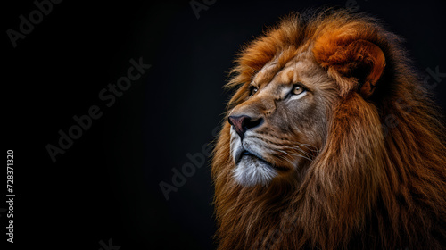 Lion. Color, realistic portrait of a lion's head on a black background with copy space. generative ai