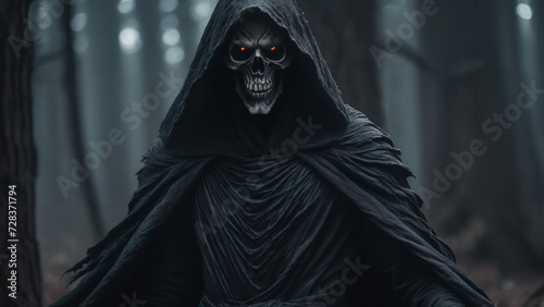 a close up of a person in a hoodedie with a skull on their face, cinematic forest lighting