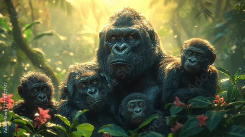 Craft an immersive scene of a family of gorillas in a lush rainforest, emphasizing the emotional connections and expressions among the members 