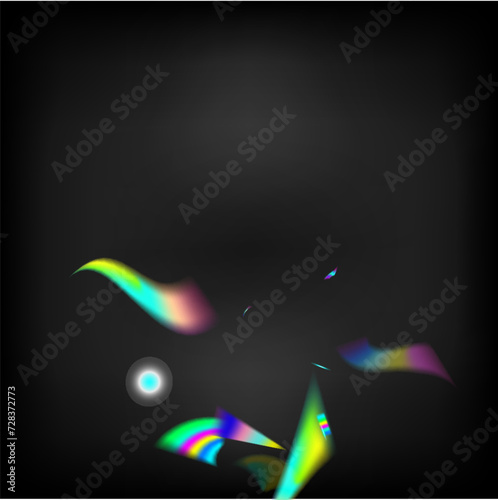 Flying Holograph Confetti.  Gradient Overlay Neon Foil Tinsel. Blue, Purple, Green Celebration Background. Holo Glam Effect Rainbow Tinsel. Metal Transparent Falling Particles. Rainbow Tinsel.