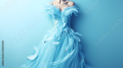 Light blue party dress with feather decor. Fashion illustration for shopping catalog. generative ai