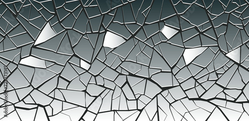 Vector broken transparent glass into small pieces. Wide banner with cracks. Background or wallpaper. Screen shattered texture effect. Splits. photo