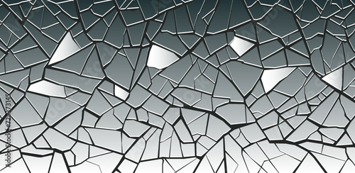 Vector broken transparent glass into small pieces. Wide banner with cracks. Background or wallpaper. Screen shattered texture effect. Splits.