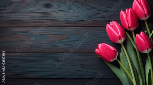 Red tulips on a wooden background. Romance and love concept