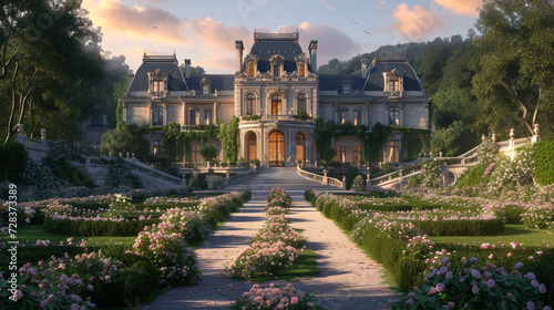a scene of a French chateau with ornamental details, large windows, and formal gardens.  photo
