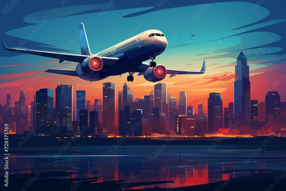 Naklejka premium Airplane Flying Over City at Sunset