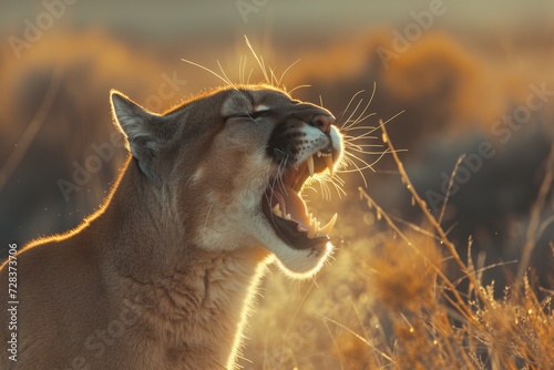Roaring cougar or mountain lion hunts its prey photo