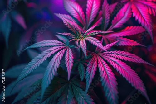 Marijuana plant growing under color lighting. Colored neon large leaves and buds of cannabis hemp.
