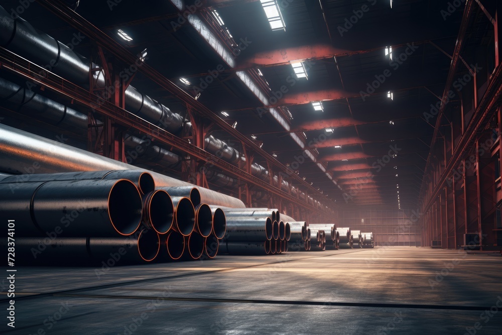 Steel pipes inside the factory or warehouse. Industrial production Steel pipes inside the factory or warehouse. Industrial production