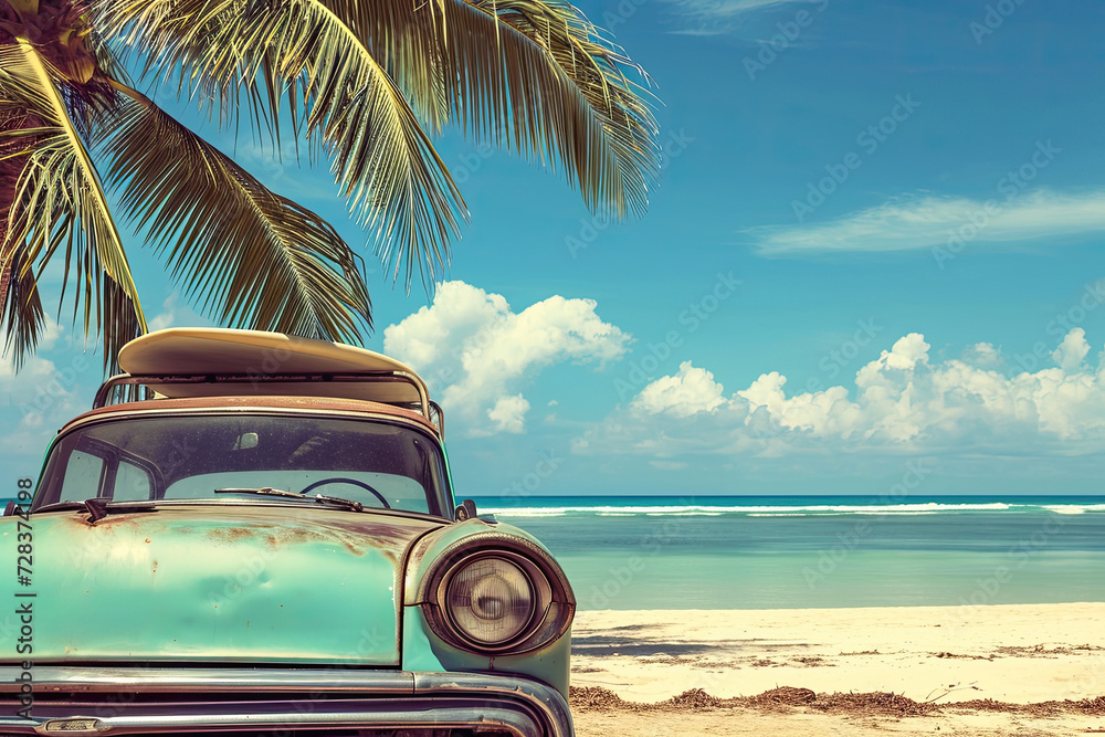 An old car parked on a tropical beach with a surfboard on the roof.