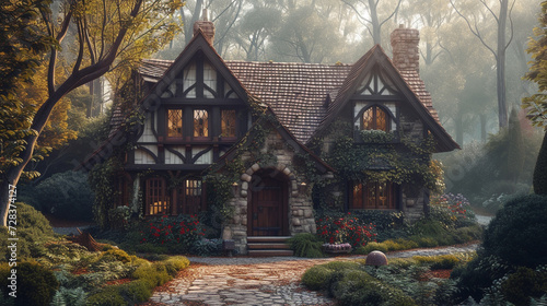 a Tudor-style home with half-timbered walls, steeply pitched roofs, and a cozy, old-world feel. 