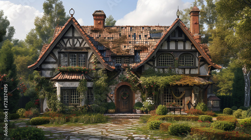 a Tudor-style home with half-timbered walls, steeply pitched roofs, and a cozy, old-world feel.  © IBRAHEEM'S AI