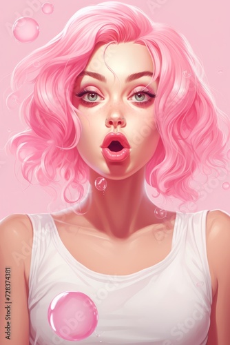 Woman Blowing Bubbles With Pink Hair