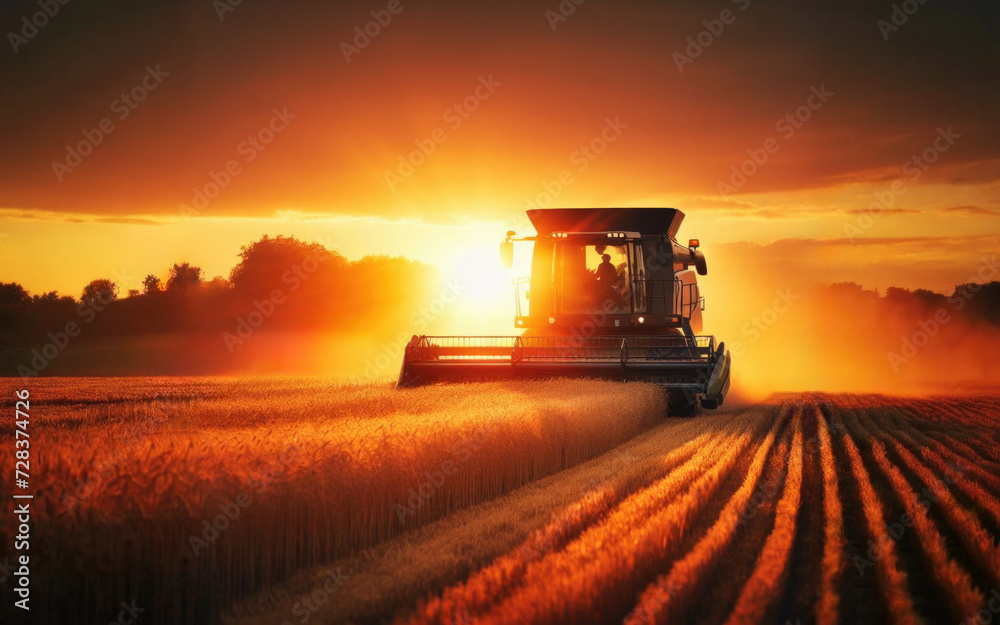 Fototapeta premium Combine harvester harvesting ripe wheat on big wheat field and tractor