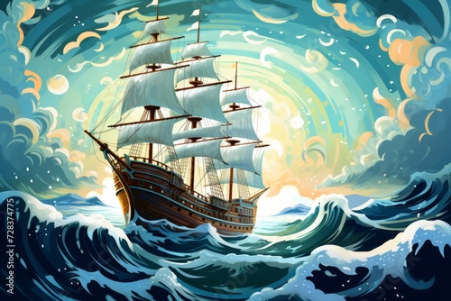 A Painting of a Ship in the Middle of the Ocean