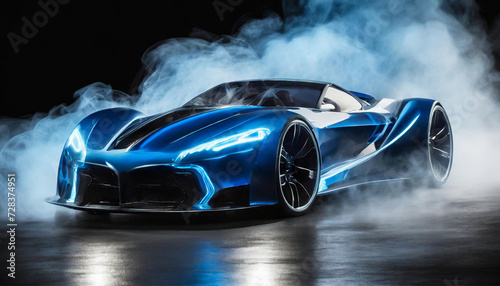 Elegant futuristic  bright red shiny car of the future  headlights on  blue smoke