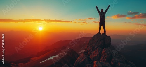 Silhouette of businessman celebrating raising arms on the top of mountain with over sunset sky and sunlight.concept of leadership successful achievement with goal,growth,up,win and objective target. photo