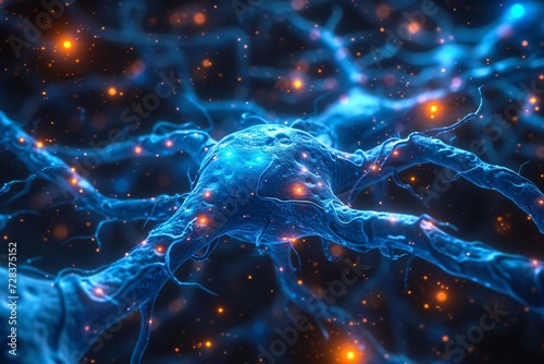 Neural Networks Glow in the Dark A Blue Neuron Illuminated by the Light of the Universe Generative AI