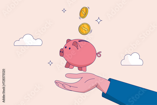 Savings for prosperity or financial success. Frugality, building wealth or thrifty, budgeting or cut spending to save money for future concept, money dollar coins drop into hand holding piggy bank.