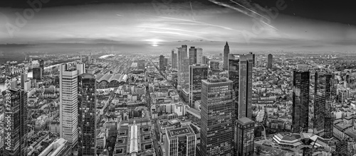 aerial view to skyline of Frankfurt with skyscraper in dawn and spectacular sunset