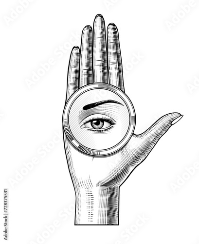 A woman's palm holds a round mirror with a reflection of a woman's eye. Vintage engraving stylized drawing. Vector illustration