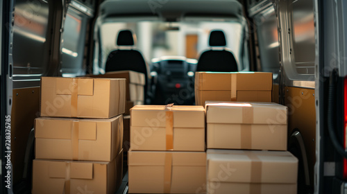 Inside of a delivery van filled with packages. Boxes stacked inside of van. Increase in package postwith modern online shopping trends.