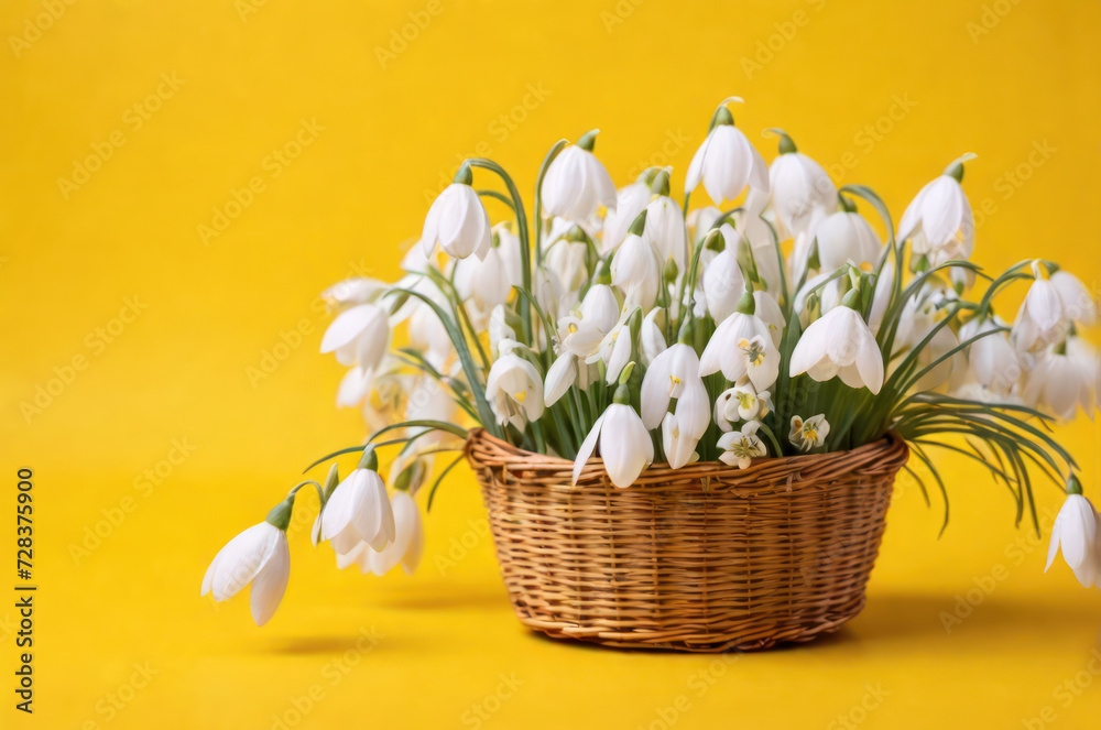 beautiful spring flowers snowdrops in a basket on yellow background